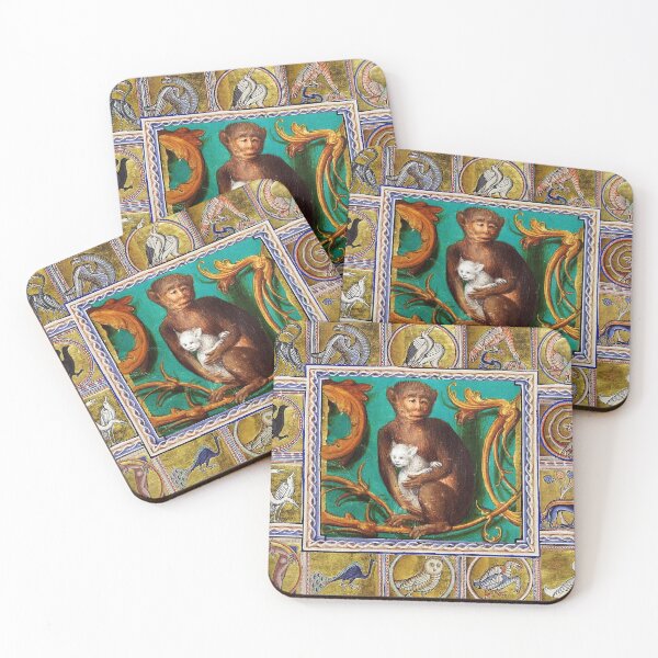 Item preview, MEDIEVAL BESTIARY,MONKEY AND WHITE CAT, FANTASTIC ANIMALS IN GOLD RED BLUE GREEN COLORS designed and sold by BulganLumini.