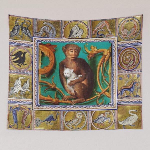 Item preview, MEDIEVAL BESTIARY,MONKEY AND WHITE CAT, FANTASTIC ANIMALS IN GOLD RED BLUE GREEN COLORS designed and sold by BulganLumini.