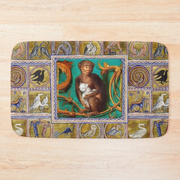 Item preview, MEDIEVAL BESTIARY,MONKEY AND WHITE CAT, FANTASTIC ANIMALS IN GOLD RED BLUE GREEN COLORS designed and sold by BulganLumini.