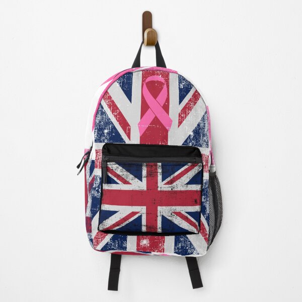 Item preview, Vintage Breast Cancer Awareness Month Pink Ribbon UK Flag Backpack designed and sold by BodMobTees.