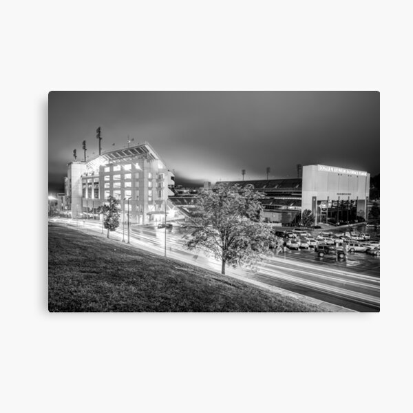 Item preview, Arkansas Razorback Football Stadium at Night - Fayetteville Arkansas Black and White designed and sold by Gregory Ballos.