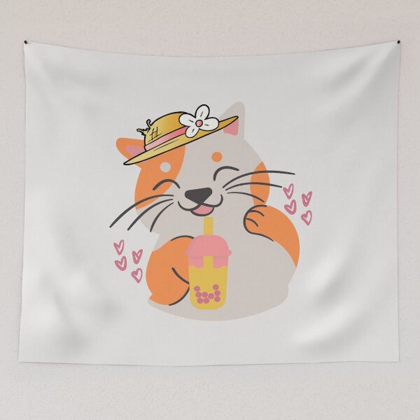 Item preview, Aesthetic Cat Drinking Boba designed and sold by EMRASDesigns.