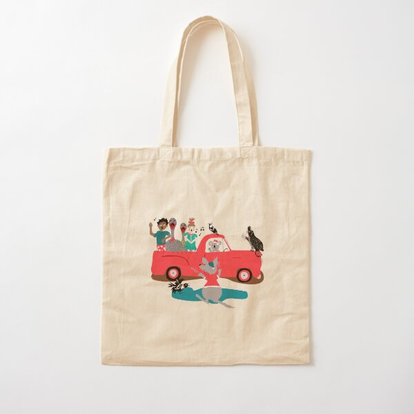 Aussie FJ Holden Ute adorned with carolers giving festive cheer, kangaroo, magpie, black cockatoo, emus, Cotton Tote Bag