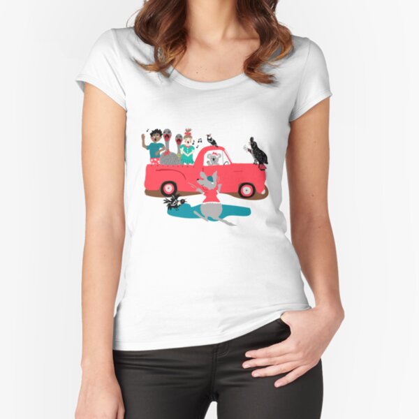 Aussie FJ Holden Ute adorned with carolers giving festive cheer, kangaroo, magpie, black cockatoo, emus, Fitted Scoop T-Shirt