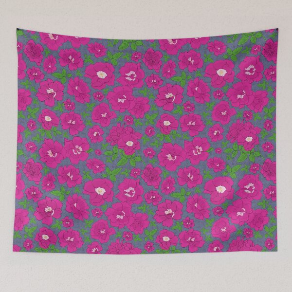 Item preview, Retro Ramblin' Rose Pink and Green on Grey Blue Repeat 5748 designed and sold by Art in My Loft.