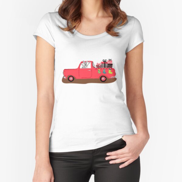 EH Holden Ute filled with Christmas presents and adorned with Christmas stockings with a Kangaroo at the drivers seat! Fitted Scoop T-Shirt