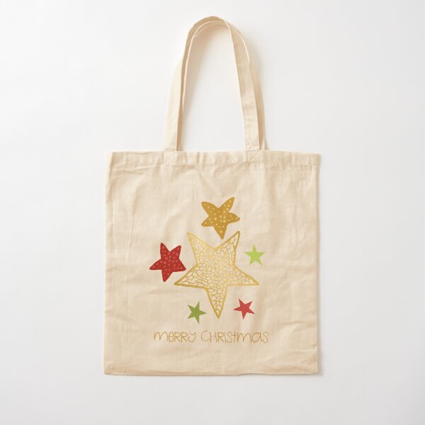 Merry Christmas with illustrated stars - cute gold, green and red stars with christmas greeting Cotton Tote Bag