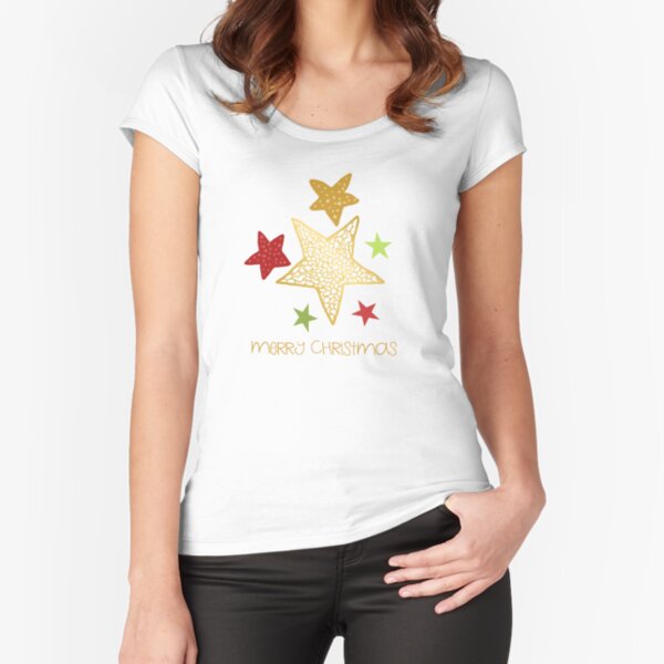 Merry Christmas with illustrated stars - cute gold, green and red stars with christmas greeting Fitted Scoop T-Shirt