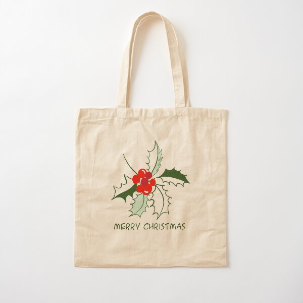Merry Christmas with illustrated holly - cute green and red holly with christmas greeting Cotton Tote Bag