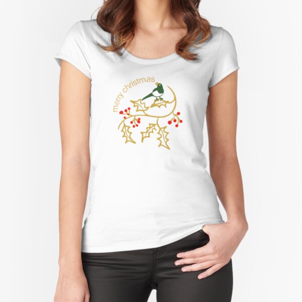 Christmas illustration with simple holly and bird with Merry Christmas greeting Fitted Scoop T-Shirt