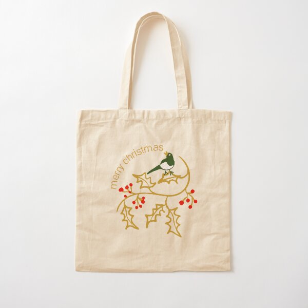 Christmas illustration with simple holly and bird with Merry Christmas greeting Cotton Tote Bag