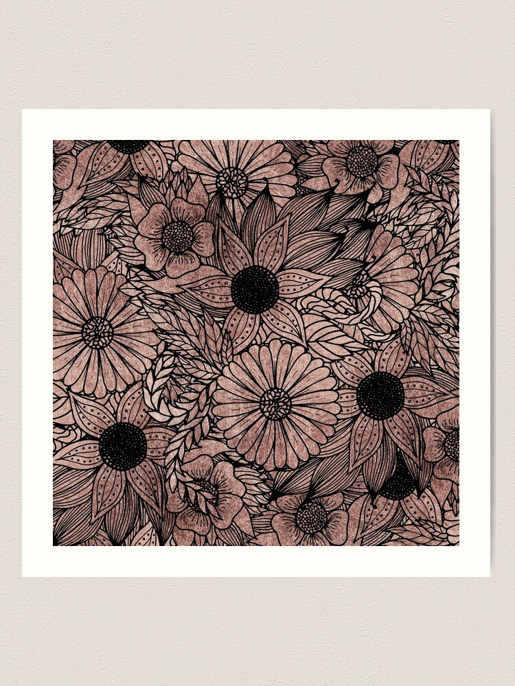 Floral Rose Gold Flowers and Leaves Drawing Black Wrapping Paper