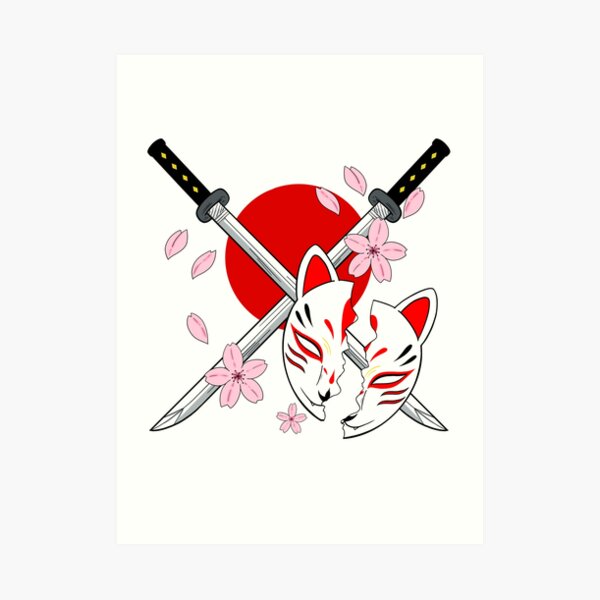 "Kitsune mask with a katana, yokai, japanese aesthetic sakura flowers