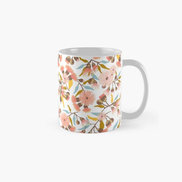 Flowering Gum Blossoms pattern in modern coral pink, mustard, gold and blue colours - pretty feminine design Classic Mug