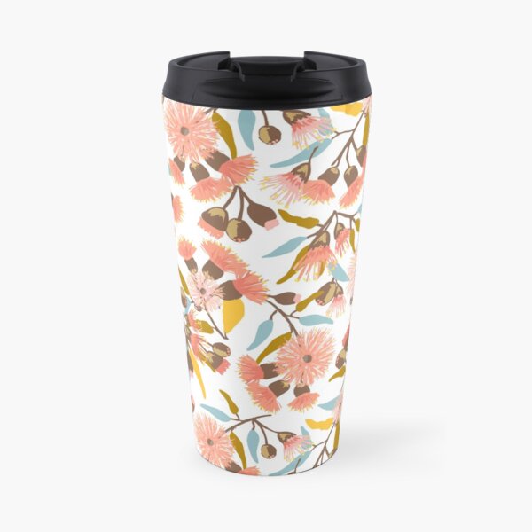 Flowering Gum Blossoms pattern in modern coral pink, mustard, gold and blue colours - pretty feminine design Travel Mug