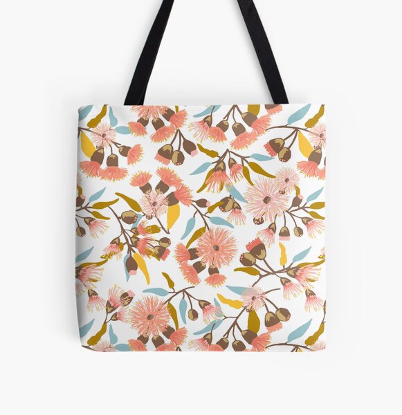 Flowering Gum Blossoms pattern in modern coral pink, mustard, gold and blue colours - pretty feminine design All Over Print Tote Bag