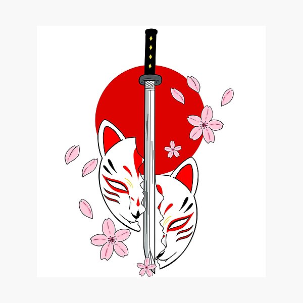"Kitsune mask with a katana, yokai, japanese aesthetic sakura flowers