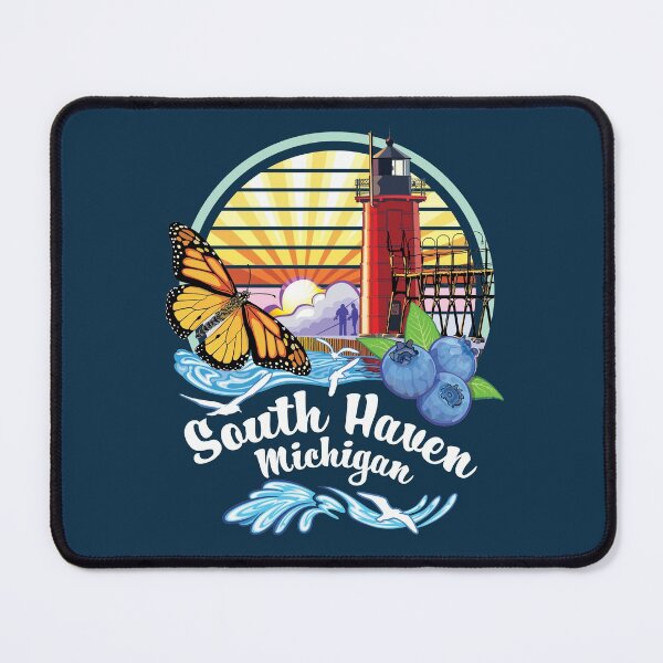 Item preview, South Haven Michigan USA Lighthouse on South Beach Pier with Monarch Butterfly and Blueberries designed and sold by SunNoonPark.