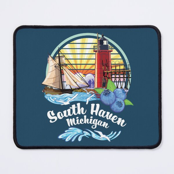 Item preview, South Haven Michigan USA Lighthouse on South Pier with Tall Ship and Blueberries designed and sold by SunNoonPark.