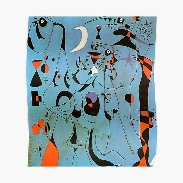 Figure de Joan Miro la nuit guidée par les traces phosphorescentes d'escargots Poster