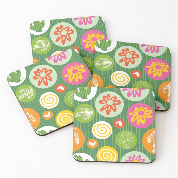 Item preview, Colourful cactus and flowers with circles and stripes repeat pattern designed and sold by jamiesoondesign.