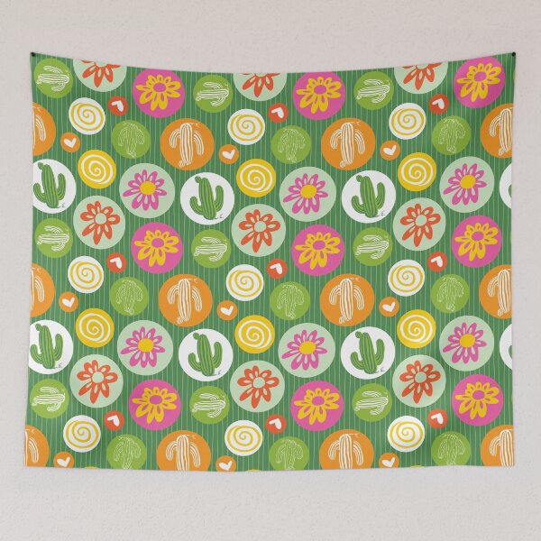 Item preview, Colourful cactus and flowers with circles and stripes repeat pattern designed and sold by jamiesoondesign.