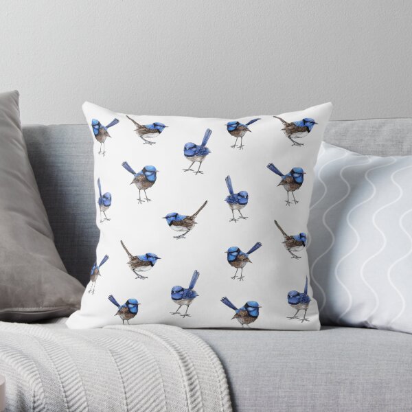 Blue Wrens, Scattered on White Throw Pillow