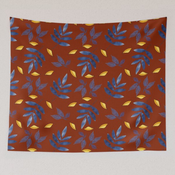 Item preview, Blue and yellow leaves on dark red designed and sold by Ninaeva.