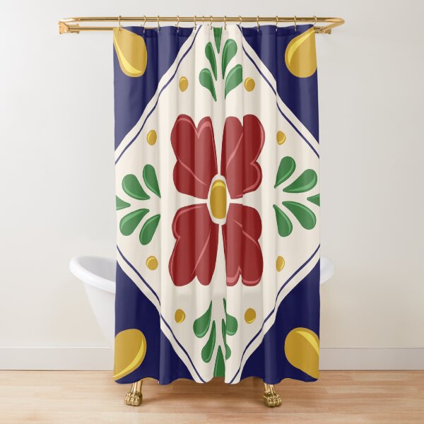 Mexican Talavera Floral Pattern by Akbaly Cortina de ducha