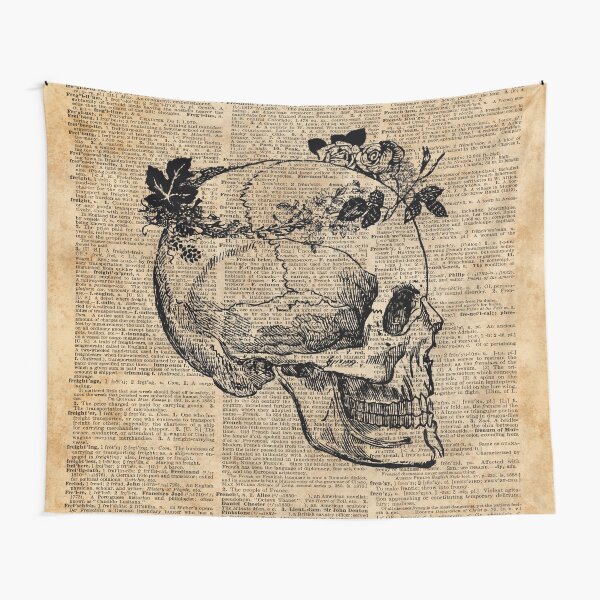 Item preview, Skull in Floral Wreath Ink Drawing Dictionary Art designed and sold by DictionaryArt.