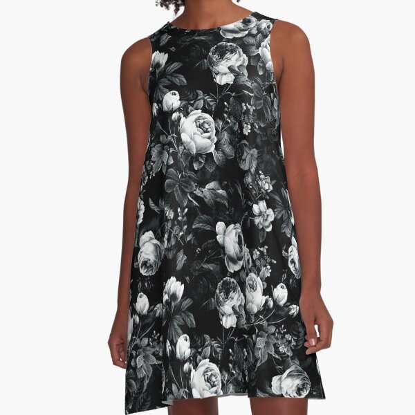 Roses Black and White A-Line Dress