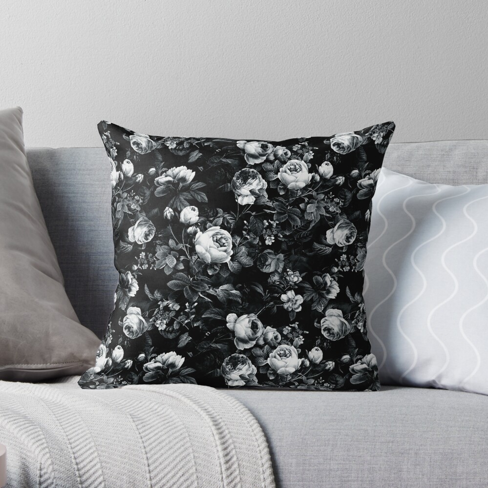 Roses Black and White Throw Pillow