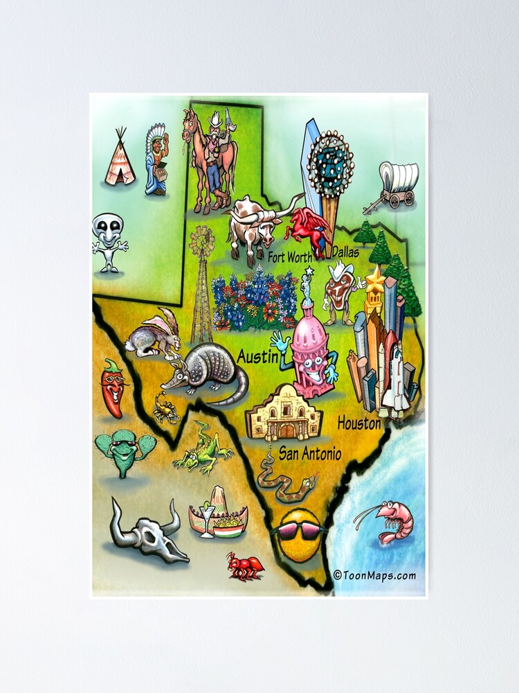 Póster «Mapa de dibujos animados de Texas» de kevinmiddleton | Redbubble