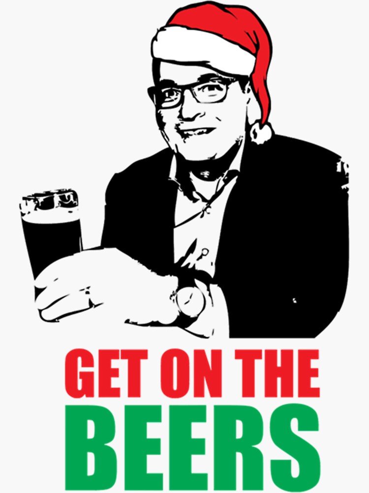 "Funny meme, humorous Dan Andrews Get on the Beers Christmas Santa Essential " Sticker for Sale