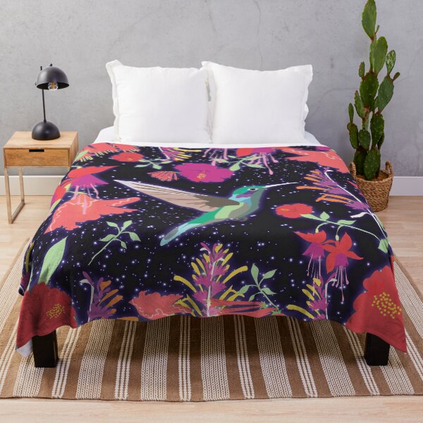 Item preview, Beautiful colorful hummingbird at night with shining stars, around vibrant flowers designed and sold by CiniArt.