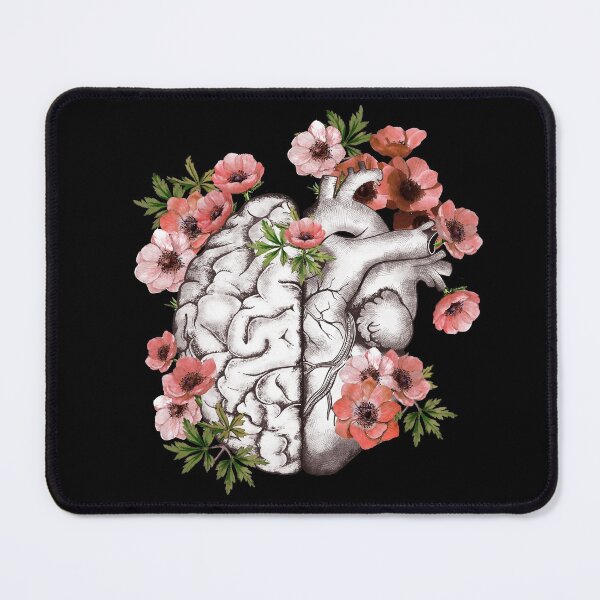 Item preview, Half heart and brain, right balance between head or brain and heart, drawing red anemones flowers anemoneus designed and sold by Collagedream.