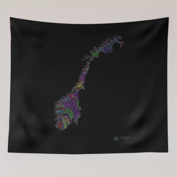 Item preview, Norway River Basin Map in Rainbow Colours with Black Background designed and sold by GrasshopperGeo.