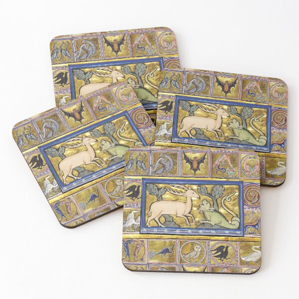 Item preview, MEDIEVAL BESTIARY,STAG AND SNAKE DRAGON, FANTASTIC ANIMALS IN GOLD RED BLUE COLORS designed and sold by BulganLumini.