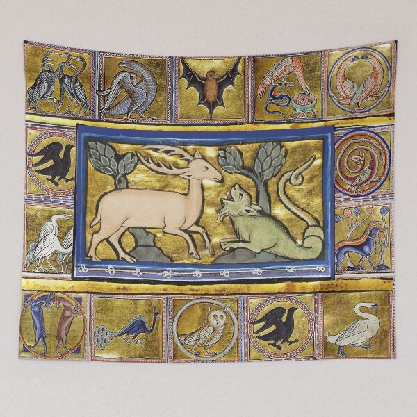 Item preview, MEDIEVAL BESTIARY,STAG AND SNAKE DRAGON, FANTASTIC ANIMALS IN GOLD RED BLUE COLORS designed and sold by BulganLumini.