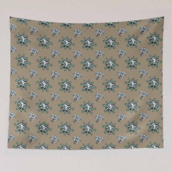 Item preview, seamless repeat pattern of Ilex and pine cones on mushroom brown designed and sold by colorofmagic.
