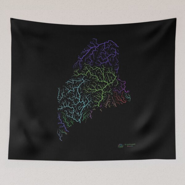 Item preview, Maine River Basin Map in Rainbow Colours with Black Background designed and sold by GrasshopperGeo.