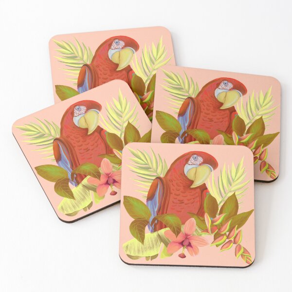 Aperçu de l'œuvre Perroquet Amazone rouge coloré avec des fleurs et des feuilles tropicales créée et vendue par Happy  People Prints.