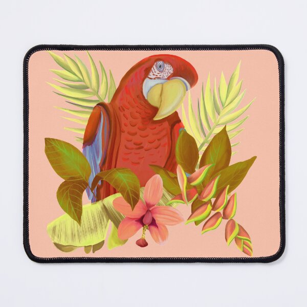 Colorful Red Amazone Parrot With Tropical Flowers And Leaves Mouse Pad