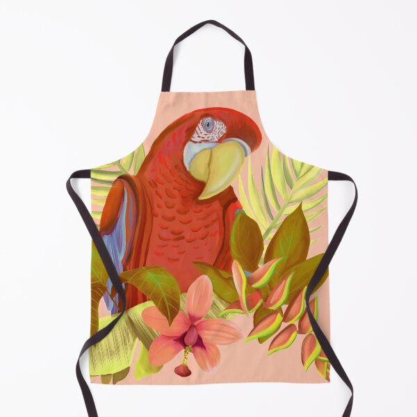 Aperçu de l'œuvre Perroquet Amazone rouge coloré avec des fleurs et des feuilles tropicales créée et vendue par Happy  People Prints.