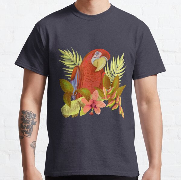 Colorful Red Amazone Parrot With Tropical Flowers And Leaves Classic T-Shirt