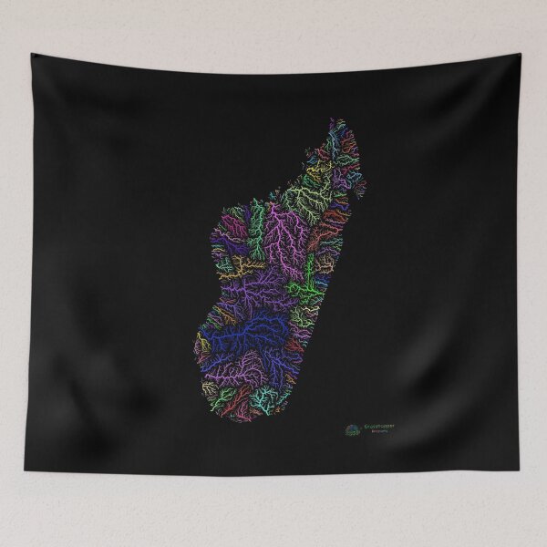 Item preview, Madagascar River Basin Map in Rainbow Colours with Black Background designed and sold by GrasshopperGeo.
