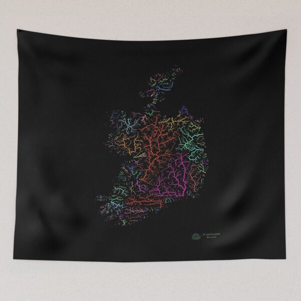 Item preview, Ireland River Basin Map in Rainbow Colours with Black Background designed and sold by GrasshopperGeo.