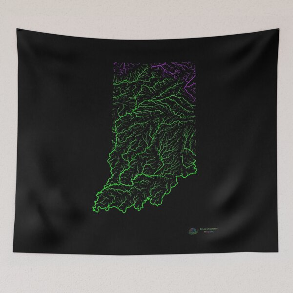 Item preview, Indiana River Basin Map in Rainbow Colours with Black Background designed and sold by GrasshopperGeo.