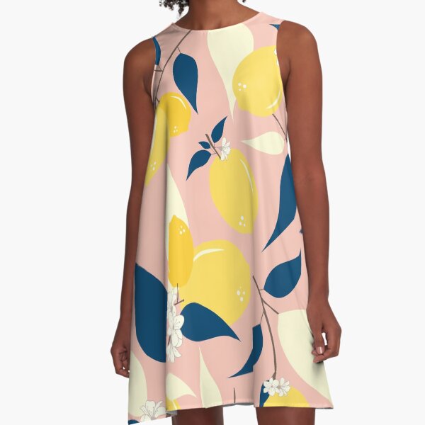 Lemon yellow flower pattern on pink A-Line Dress