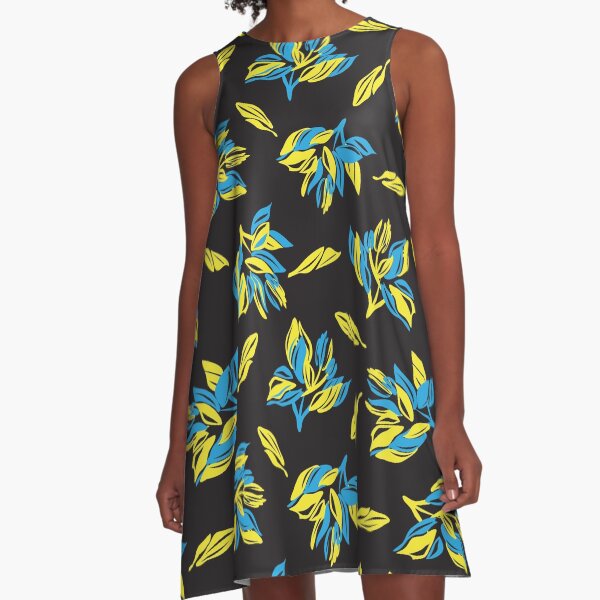 Yellow blue flowers on black background A-Line Dress